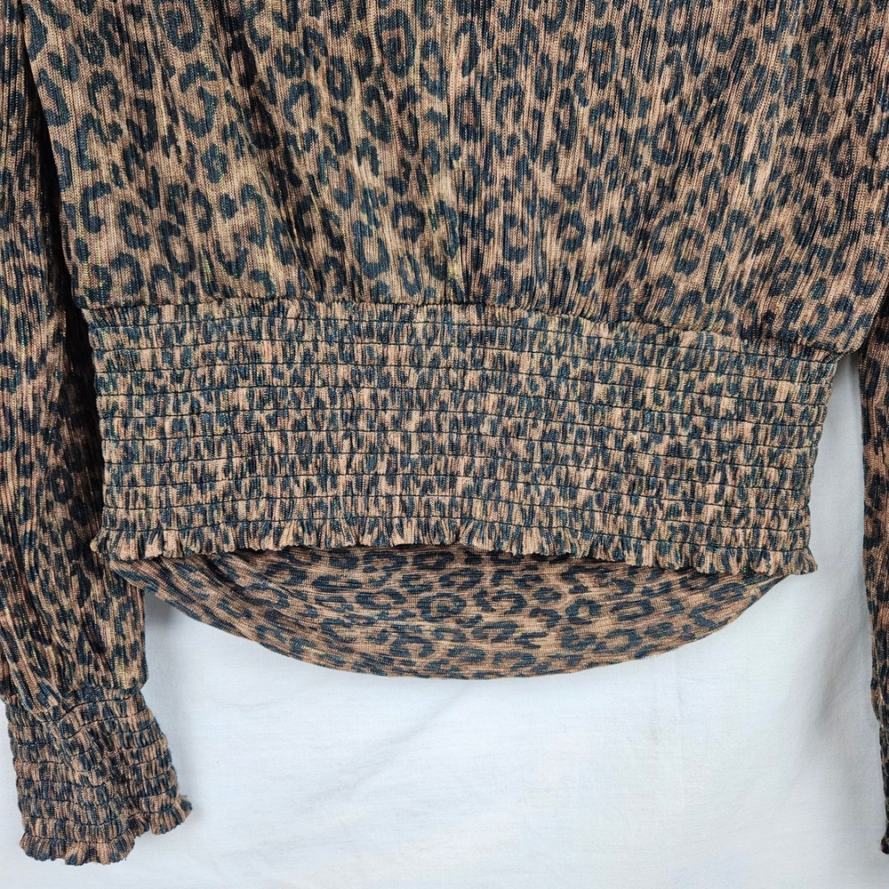 Bailey 44 Leopard Print Metallic Plisse Mock Neck Smocked Top Brown Med‎ Chic - Picture 5 of 8